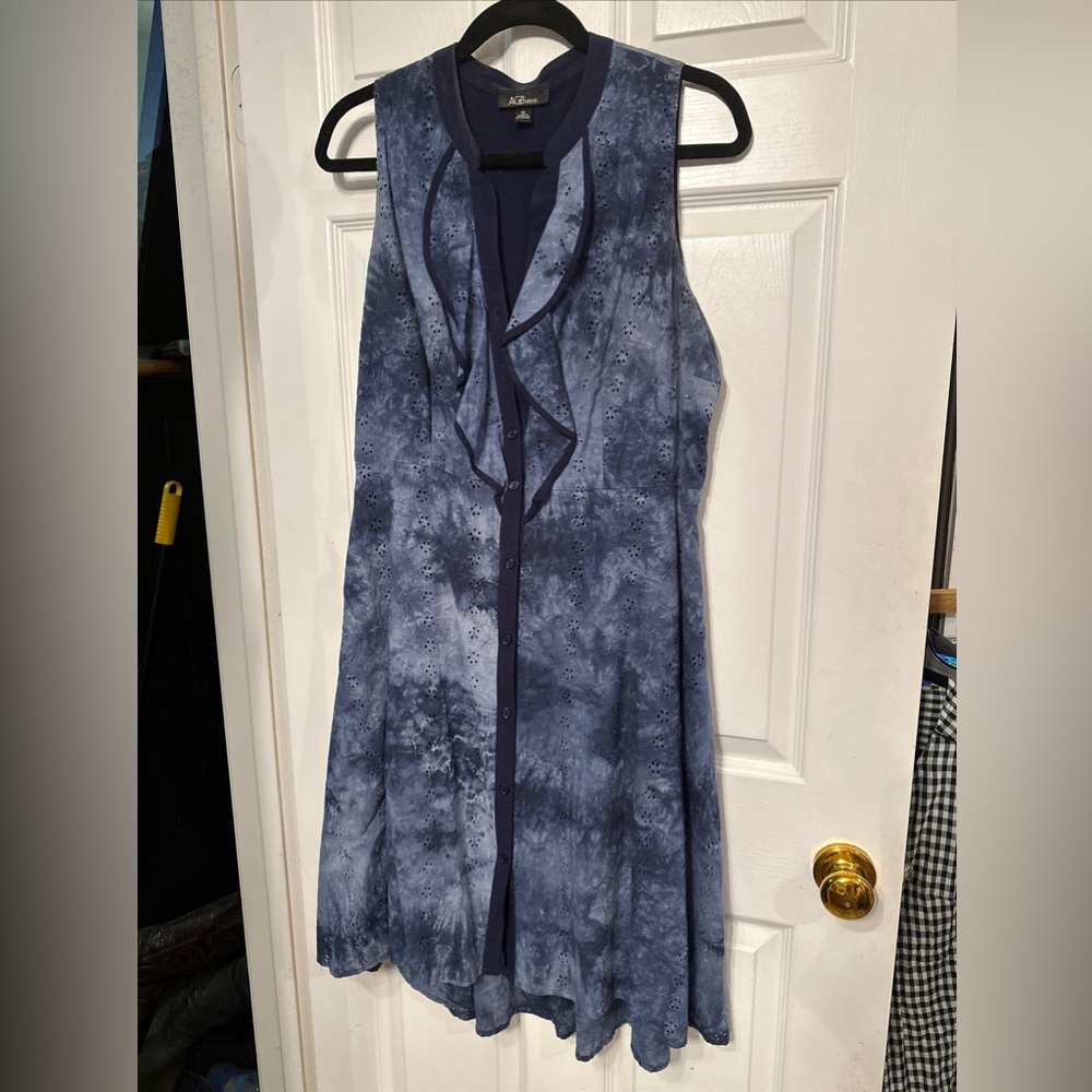 AGB 12 Navy Eyelet Tie Dye Sleeveless Button Down Shirt Dress Ruffled Lined